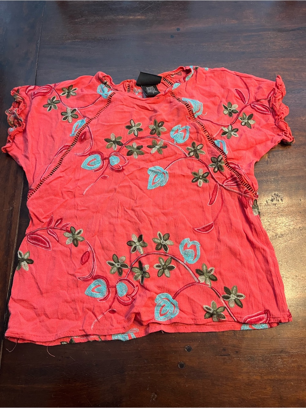 Coral Embroidered Floral Short-Sleeve Blouse